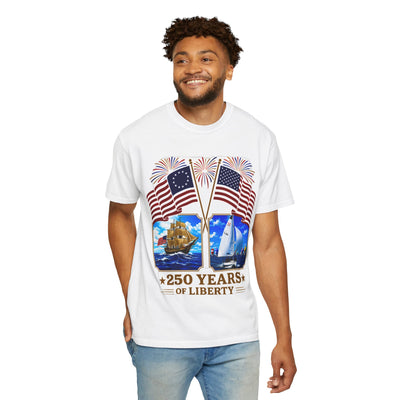 250 Years of Liberty T-Shirt — Patriotic American Flag with 1776 Sailing ship & 2026 Flying Scot race
