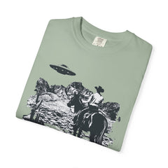 UFO Meets Cowboy Vintage Graphic T-Shirt — Retro Western Alien Tee