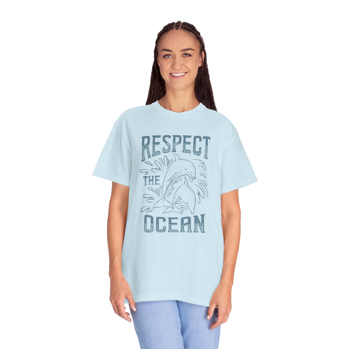 Dolphin, Respect The Ocean -  Graphic Unisex Garment-Dyed T-shirt