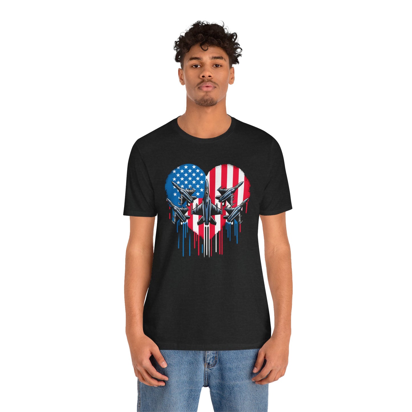 Red White and Blue Heart with Jets Graphic, Unisex Jersey Short Sleeve Tee