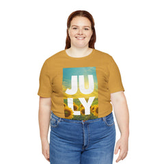July Sunflower T‑Shirt – Summer Graphic Tee with 'JULY' Text