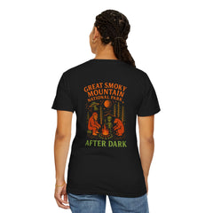 After Dark Collection Great Smoky Mountains Adventure T-Shirt, Campfire with Cherokee Slant Eyed Giant, Alien and Brown Bear