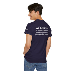Dog Trainer T‑Shirt — "dog trainer." Front Logo with "we believe..." Positive Training Back Text