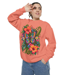 Floral Butterfly Sweatshirt — Tropical Hibiscus Garden Crewneck