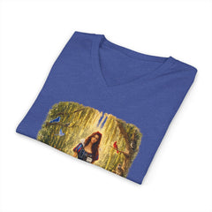 Forest Maiden V-Neck Tee — Woman with Dog & Nature Illustration