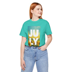 July Sunflower T‑Shirt – Summer Graphic Tee with 'JULY' Text