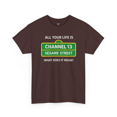 FUNNY T SHIRT  ALL YOUR LIFE IS CHANNEL 13 SESAME STREET WHAT DOES IT MEAN? MUSIC LYRICS. Unisex Heavy Cotton Tee