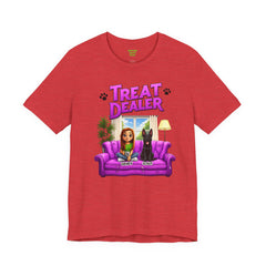 Personalized Treat Dealer T-Shirt — Funny Pet Lover Tee with Girl and Dog on Purple Couch