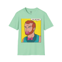 Call Me Baby Unisex Softstyle T-Shirt  Pop Art Bearded Guy with a pacifier and a bow tie
