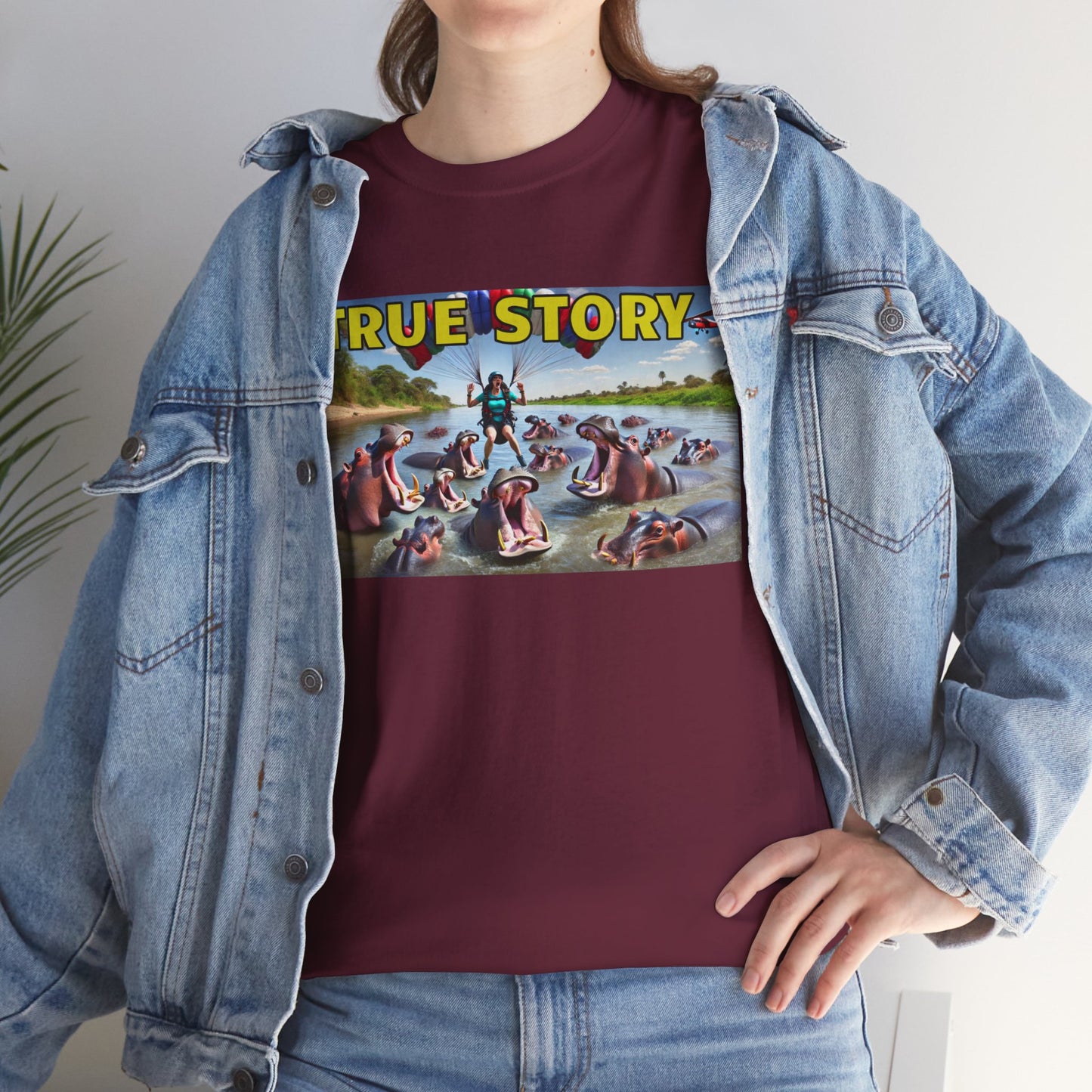 Amputee Humor True Story Female Paragliding into Hungry Hippos - Unisex Heavy Cotton Tee