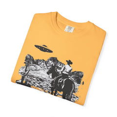 UFO Meets Cowboy Vintage Graphic T-Shirt — Retro Western Alien Tee