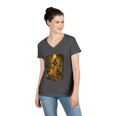 Fairy Tale Snow White & Dog V-Neck T-Shirt — Whimsical Princess Forest Graphic