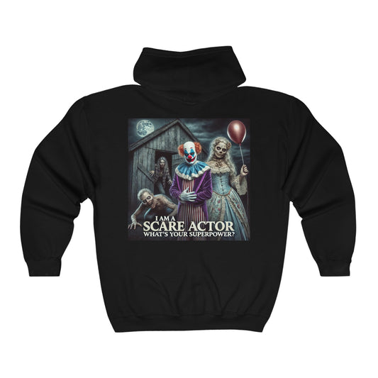 Scare Actor Halloween Horror Front Logo and Back Image Unisex Heavy Blend™ Full Zip Hooded Sweatshirt