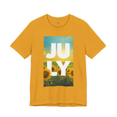 July Sunflower T‑Shirt – Summer Graphic Tee with 'JULY' Text