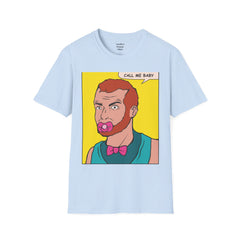 Call Me Baby Unisex Softstyle T-Shirt  Pop Art Bearded Guy with a pacifier and a bow tie