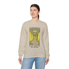 Crewneck Sweatshirt "Do Not Question the Hallway" – Retro Yellow Corridor Graphic