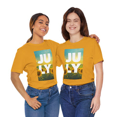 July Sunflower T‑Shirt – Summer Graphic Tee with 'JULY' Text