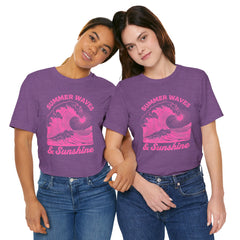 Summer Waves & Sunshine Tee — Retro Pink Surf Graphic T-Shirt