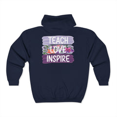 Teach Love Inspire Hoodie - Cozy Unisex Zip-Up Sweatshirt for Educators and Motivators