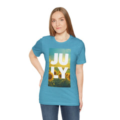 July Sunflower T‑Shirt – Summer Graphic Tee with 'JULY' Text