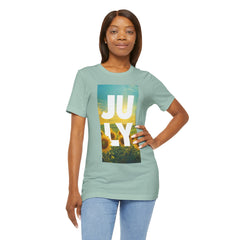 July Sunflower T‑Shirt – Summer Graphic Tee with 'JULY' Text