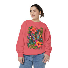 Floral Butterfly Sweatshirt — Tropical Hibiscus Garden Crewneck