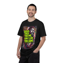 Christian T-Shirt — "Jesus Died For Me, Now I Live For Him" Graffiti Tee