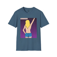 WILD AND FREE Pop Art Blonde Hair Girl with denim shorts and no top Unisex Softstyle T Shirt