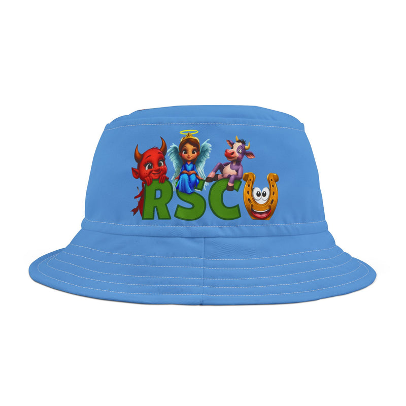 Unisex Bucket Hat - Russell Sage College Mascot Characters Purple Cow, Red Devil, Golden Horseshoe, Blue Angel