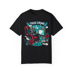 True crime junkie tshirt, vintage style tee, skeleton graphic tee, relaxed fit tee, crime lover, mystery lover, stylish tshirt for her/him.