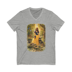 Forest Maiden V-Neck Tee — Woman with Dog & Nature Illustration