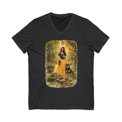 Forest Maiden V-Neck Tee — Woman with Dog & Nature Illustration