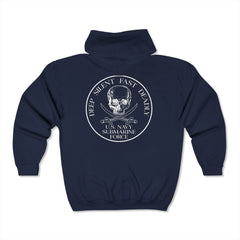 US Navy Submarine Veteran, Unisex Premium Full Zip Hoodie,Submarine Insignia, Skull Crossed Cutlasses on Back, Dolphins, Bubblehead