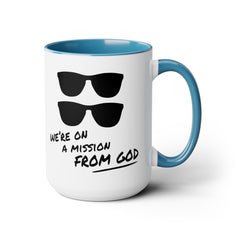 Funny Movie Quote Mug, We're On A Mission From God, Blues Brothers Movie, Cheap Sunglasses, Novelty Gift, 80s Movie Mug, Two Tone Mug 15 oz.