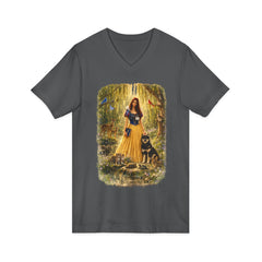 Forest Maiden V-Neck Tee — Woman with Dog & Nature Illustration