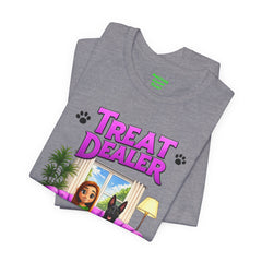 Personalized Treat Dealer T-Shirt — Funny Pet Lover Tee with Girl and Dog on Purple Couch