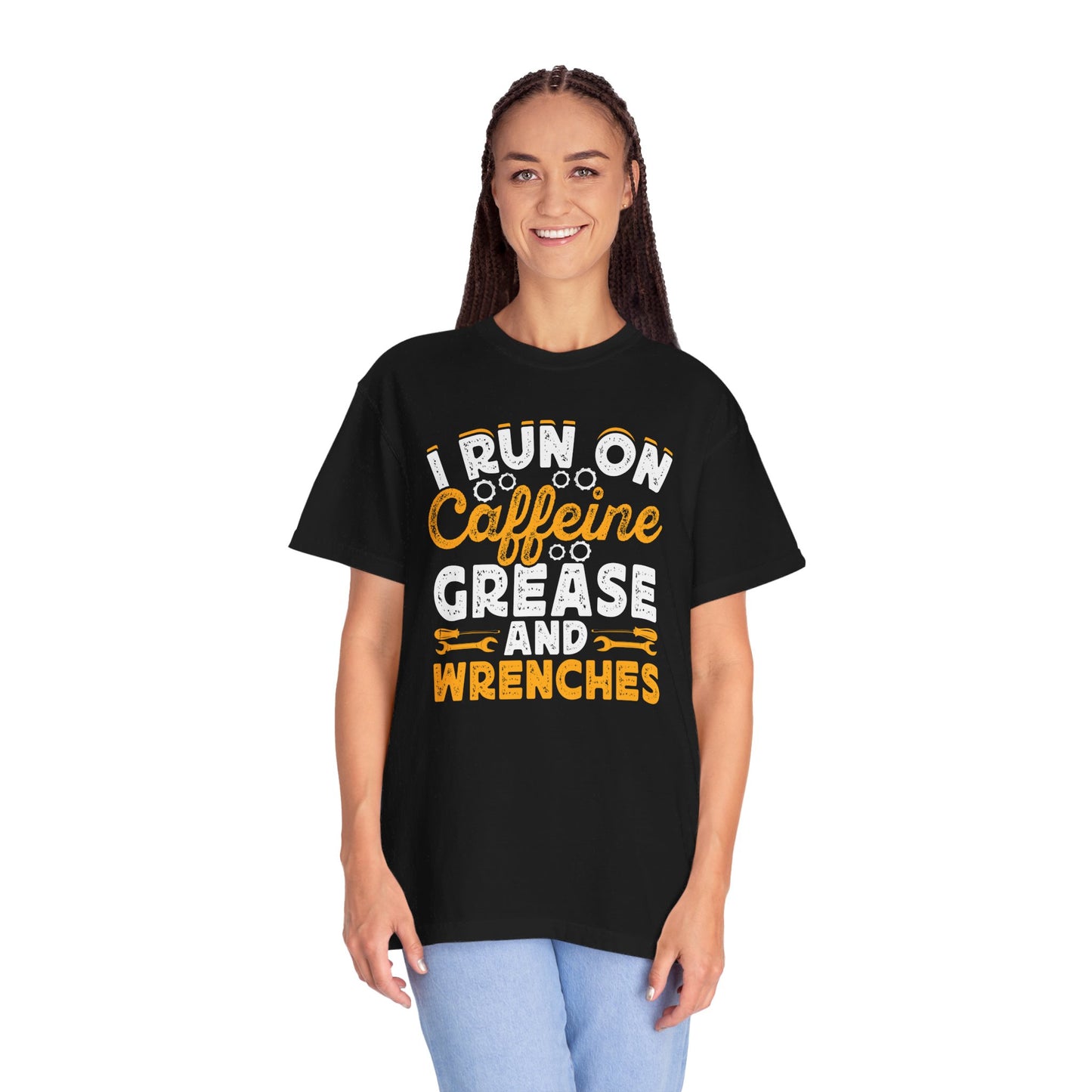 I Run On Caffeine, Grease and Wrenches, Fun Mechanic Quote, Comfort Colors Unisex Relaxed Fit T Shirt