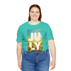 July Sunflower T‑Shirt – Summer Graphic Tee with 'JULY' Text