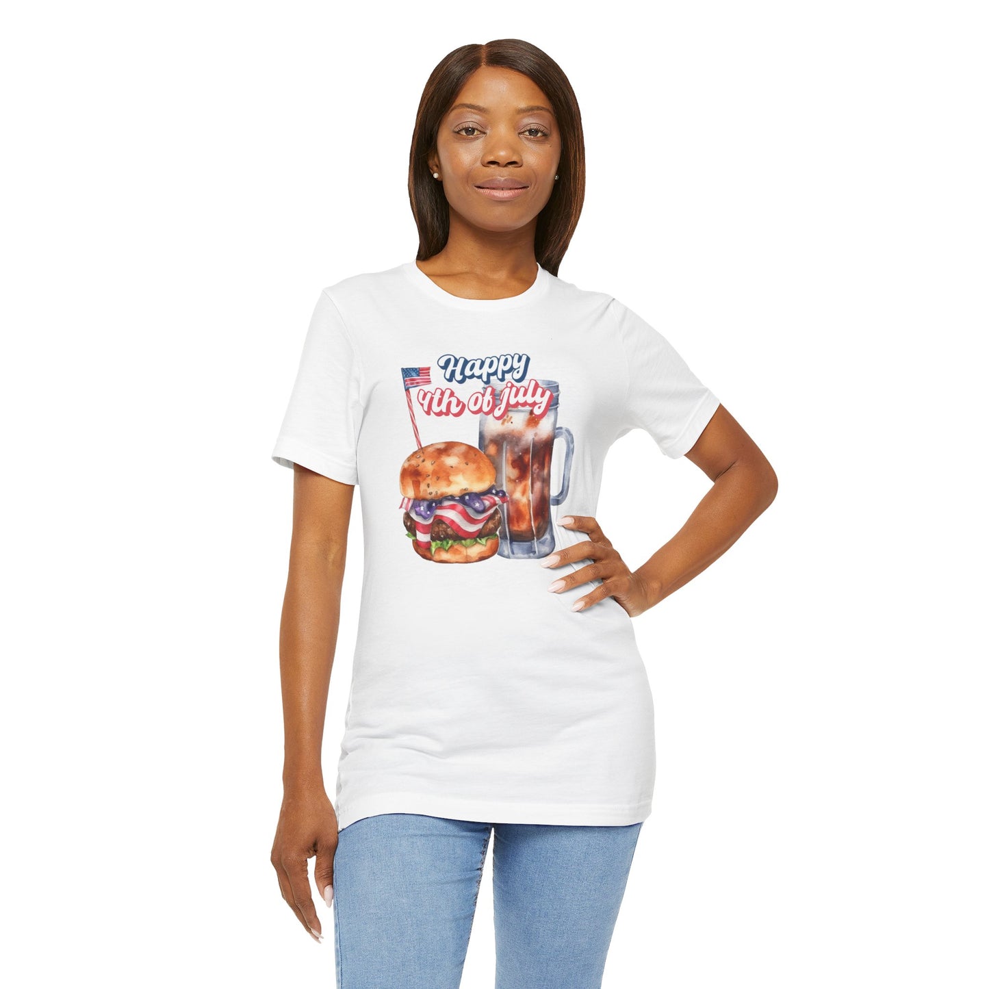 Happy 4th Of July Burger and Mug Graphic, Unisex Jersey Short Sleeve Tee