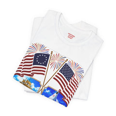 250 Years of Liberty Patriotic T-Shirt - Unique 1776 Tall Ship Brig and a 2026 Flying Scot Sailing Racer