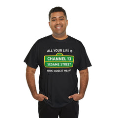 FUNNY T SHIRT  ALL YOUR LIFE IS CHANNEL 13 SESAME STREET WHAT DOES IT MEAN? MUSIC LYRICS. Unisex Heavy Cotton Tee