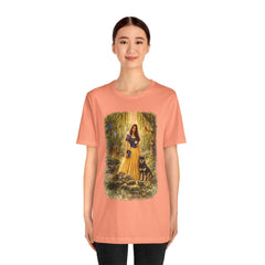 Fairy Tale Forest Tee — Woman with Dog Vintage Fantasy Graphic Shirt