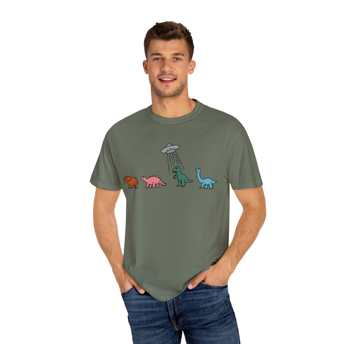 Dinosaur UFO Retro Unisex Garment-Dyed T-shirt