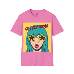 OH MY GOD Blonde Wearing Star Shaped Glasses Pop Art Girl Unisex Softstyle T Shirt