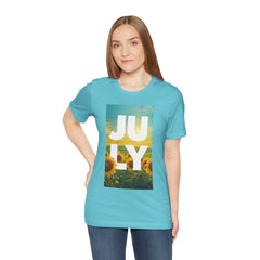 July Sunflower T‑Shirt – Summer Graphic Tee with 'JULY' Text