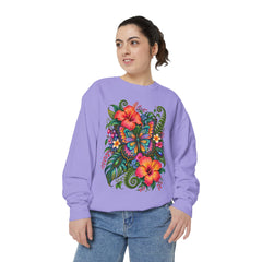Floral Butterfly Sweatshirt — Tropical Hibiscus Garden Crewneck