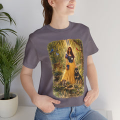 Fairy Tale Forest Tee — Woman with Dog Vintage Fantasy Graphic Shirt
