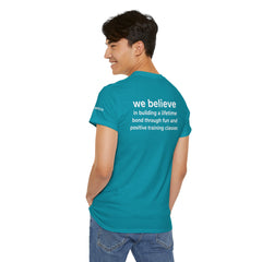 Dog Trainer T‑Shirt — "dog trainer." Front Logo with "we believe..." Positive Training Back Text