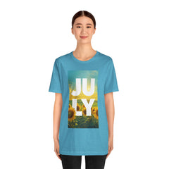 July Sunflower T‑Shirt – Summer Graphic Tee with 'JULY' Text