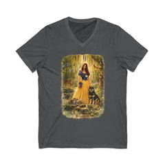 Forest Maiden V-Neck Tee — Woman with Dog & Nature Illustration